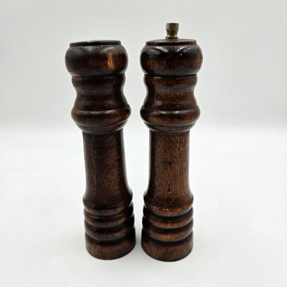 Wooden Salt Shaker And Pepper Mill Grinder Set Vintage 6” Read - Picture 8 of 12